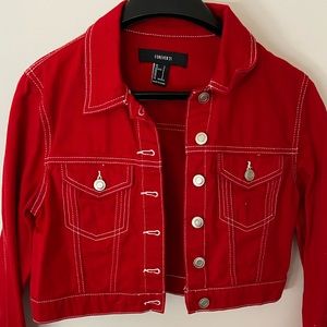 Forever 21 Red Jean Jacket Denim Crop Long Sleeve